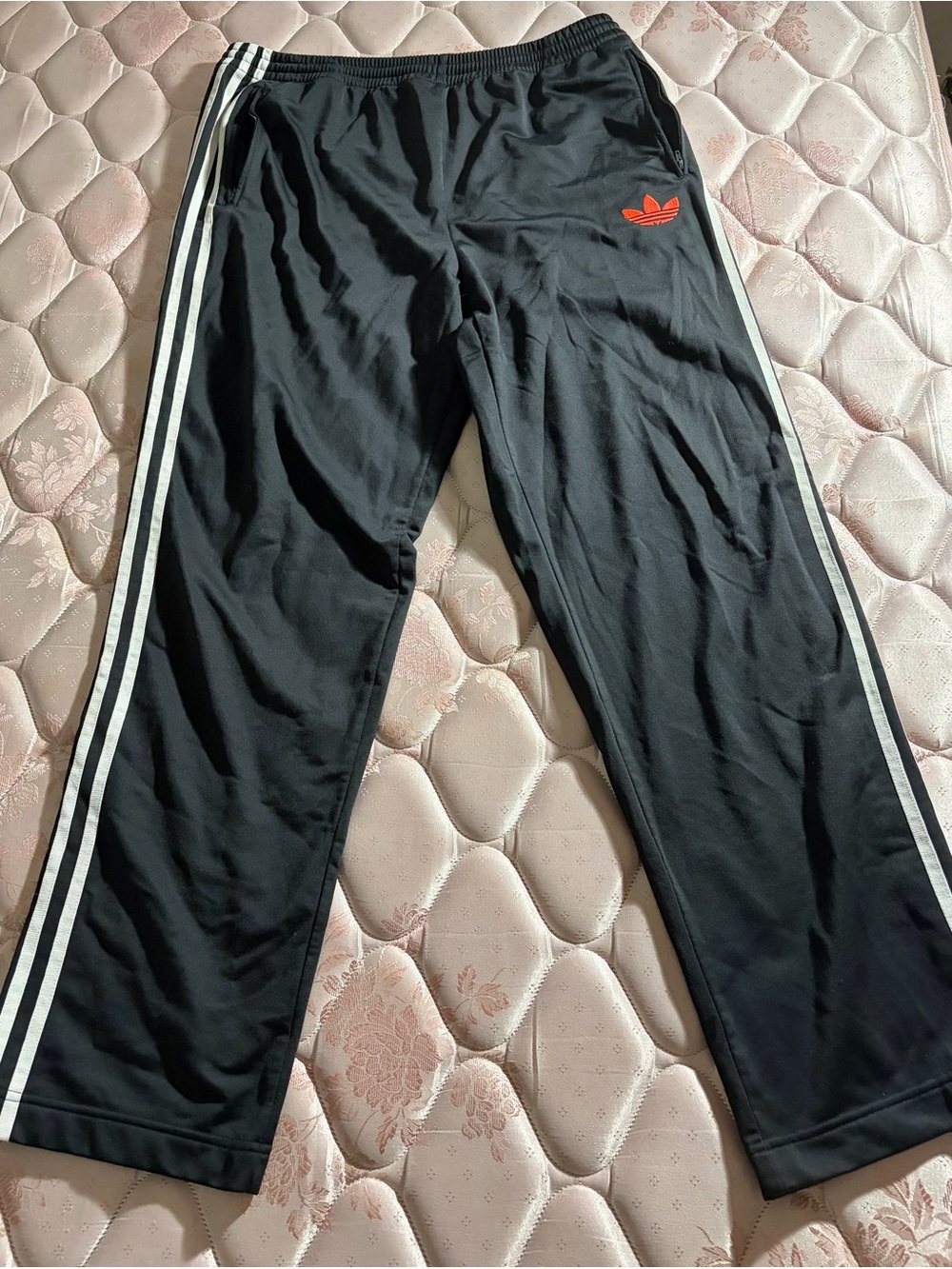 adidas Black Joggers with White Side Stripes and Orange Trefoil